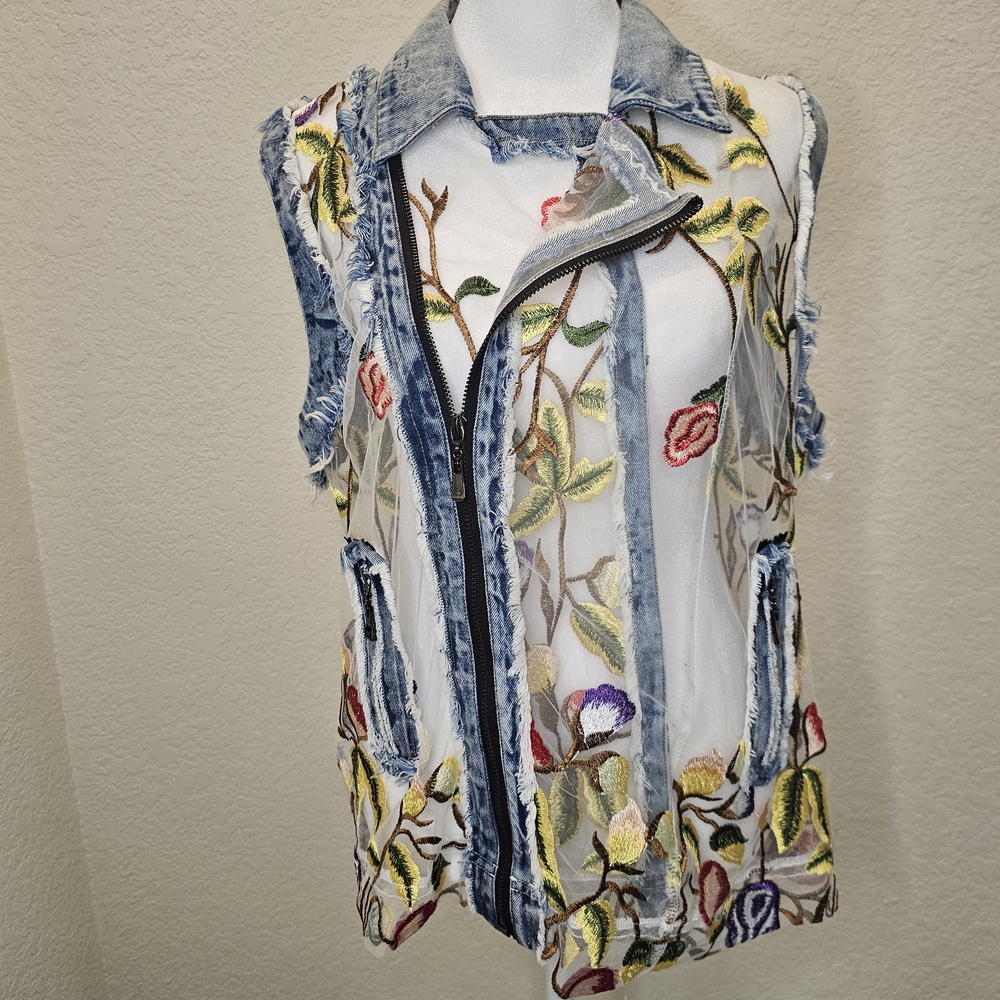 Adore Floral Embroidered Sheer Denim Vest - Picture 16 of 16